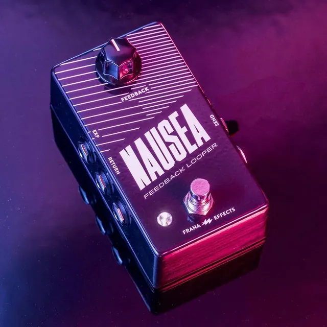 Guitar effects pedal product shot, photographic, neon, vibrant