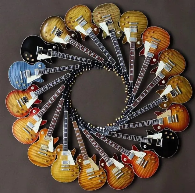 Guitar collection circular layout, photographic, geometric, dark