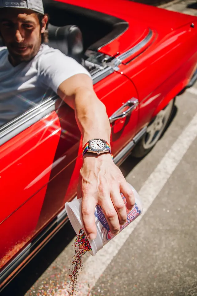Watch and candy lifestyle shot, photographic, editorial, vibrant
