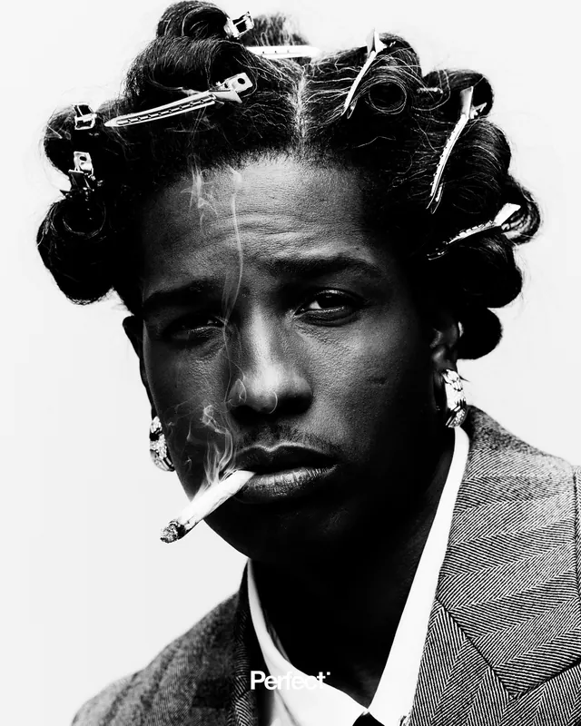 Black and white portrait with styled hair and cigarette, photographic, monochrome, monochrome