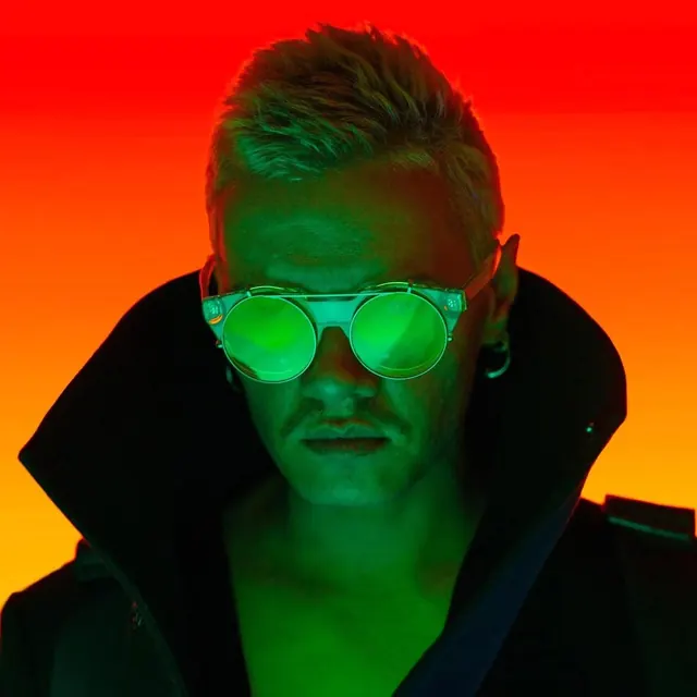 Cyberpunk neon portrait, green sunglasses, red and green lighting, photographic, neon, vibrant