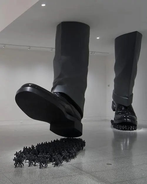 Conceptual art installation, boots with particle effect, photographic, conceptual, dark