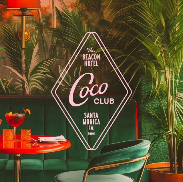 Interior space with neon signage and tropical foliage, photographic, retro, warm