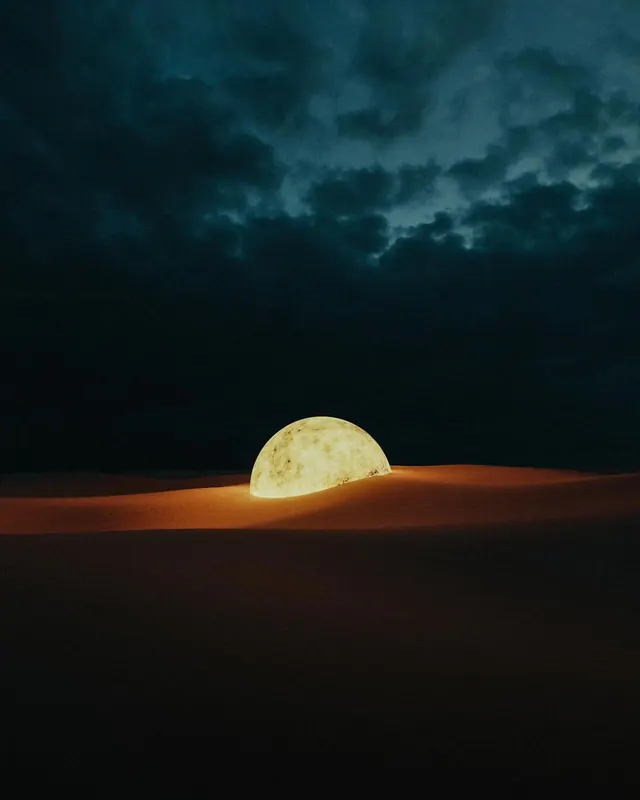 Moon rising over desert landscape at twilight, photographic, dark-mode, dark