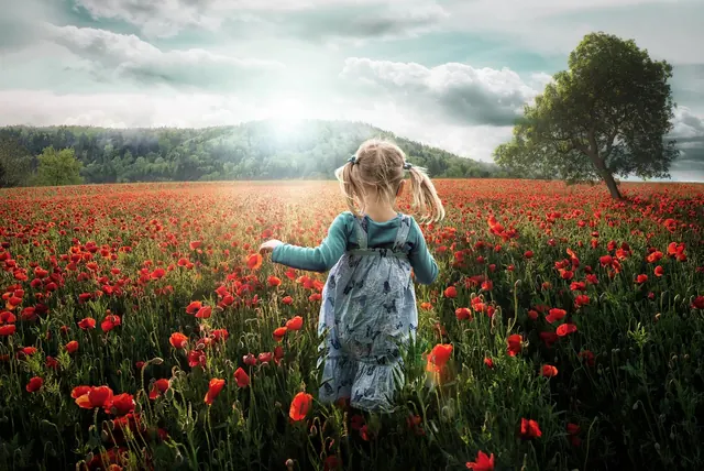 Child in poppy field landscape, photographic, organic, warm