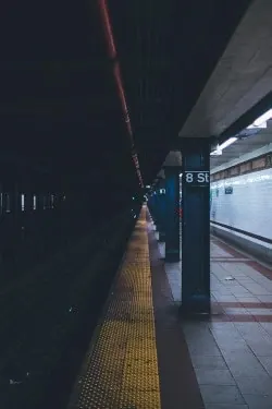 Underground platform with checker sneakers, photographic, geometric, dark