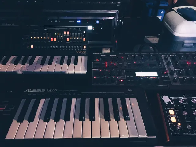 Music production studio setup, dark-mode, technical, dark