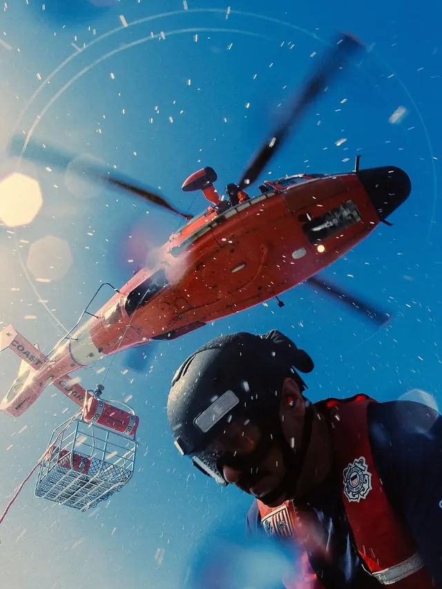 Coast Guard helicopter rescue, photographic, technical, vibrant