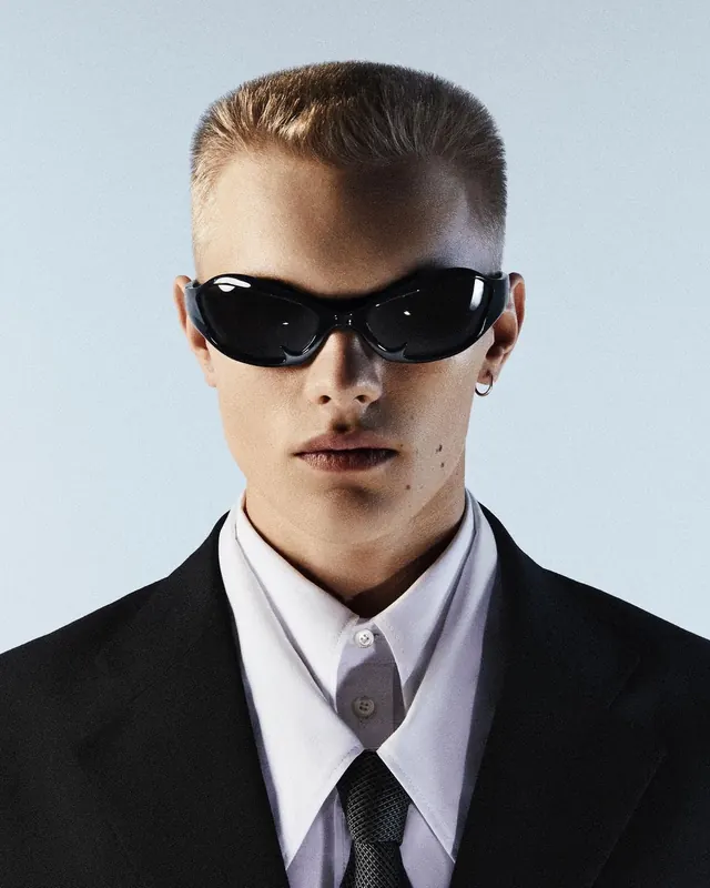 Futuristic wraparound sunglasses portrait, photographic, minimal, cool