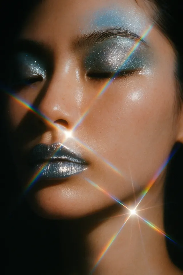 Prismatic blue metallic beauty portrait, editorial, photographic, dark