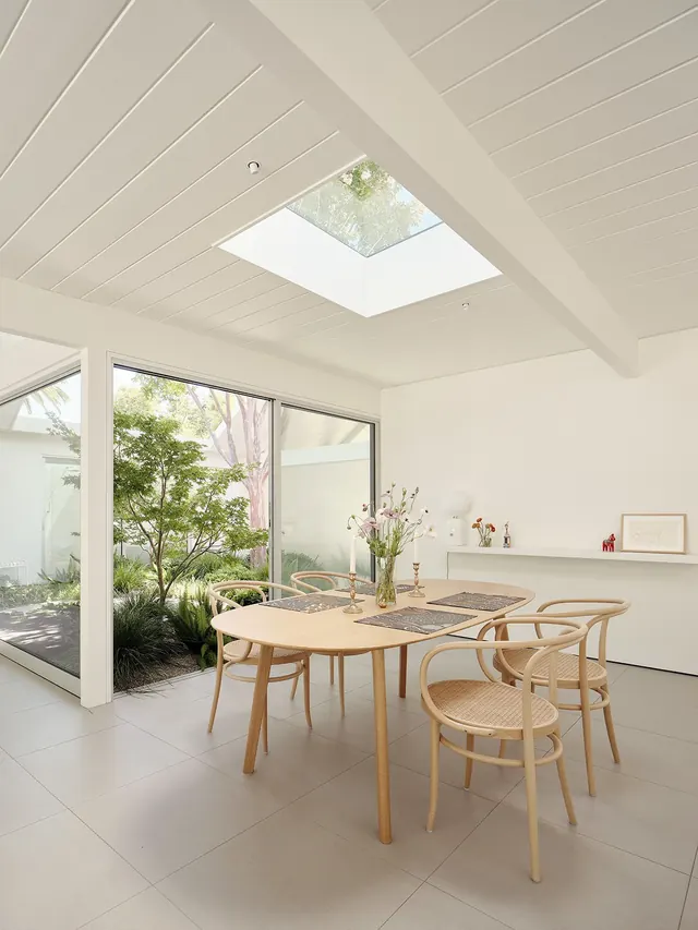 Skylit Scandinavian dining room, minimal, organic, light