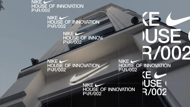 Nike House of Innovation facade with grid overlay, technical, minimal, light
