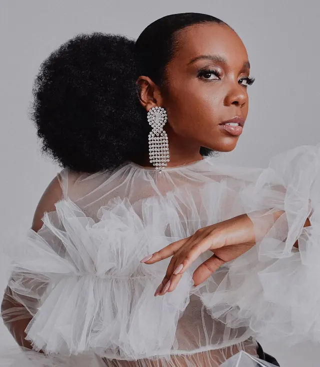 Tulle sleeve editorial with crystal earrings, editorial, photographic, light