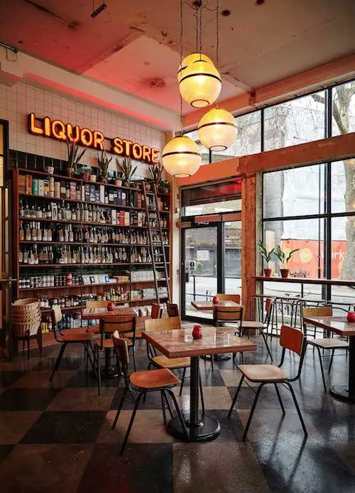 Neon liquor store bar interior, retro, photographic, warm