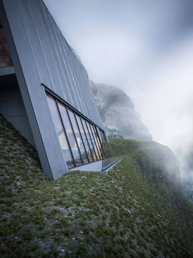 Modern Mountain House Embedded in Misty Landscape, minimal, editorial, cool