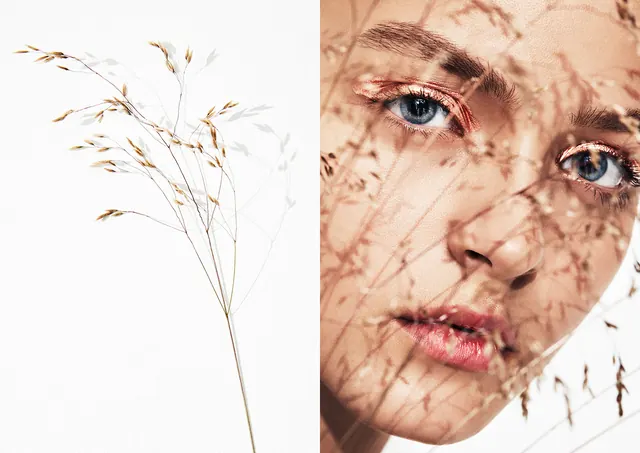 Editorial Split Image with Dried Grass and Beauty Portrait, editorial, minimal, warm
