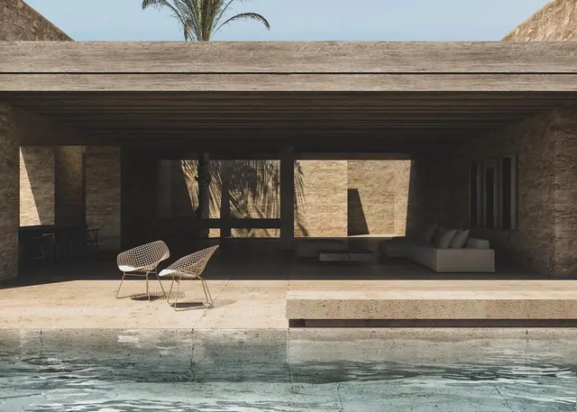 Modernist Poolside Architecture, minimal, brutalist, muted