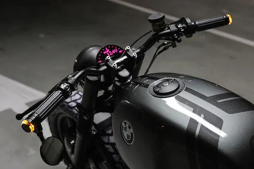 Custom BMW motorcycle cockpit, minimal, photographic, dark