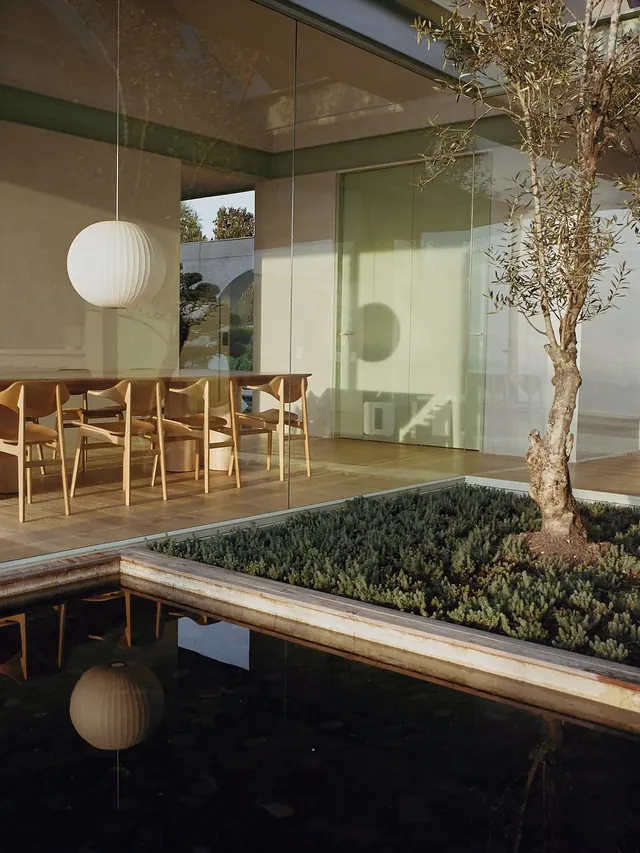 Glass-walled dining courtyard, minimal, photographic, light