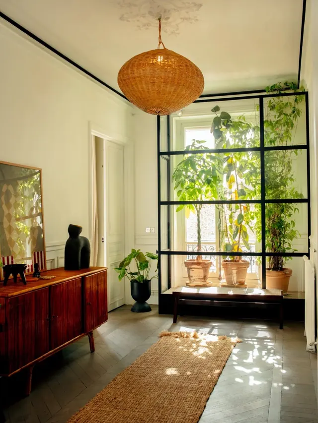Sunlit plant-filled hallway interior, organic, minimal, light