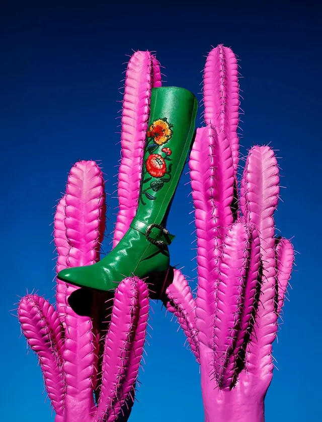 Embroidered boot on pink cactus, photographic, maximalist, vibrant