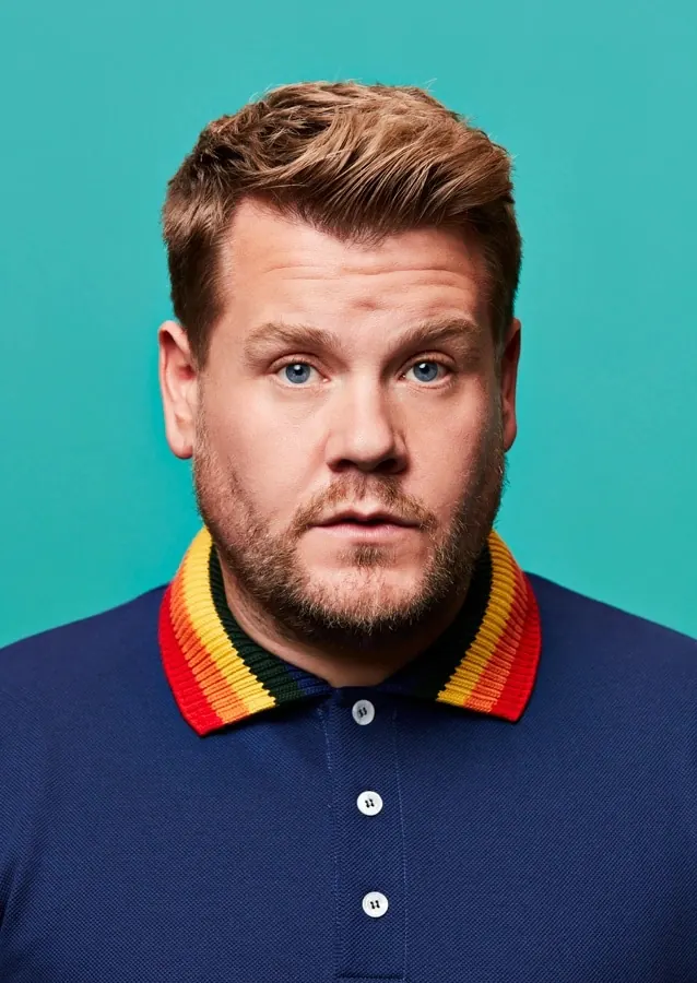 James Corden teal studio portrait, photographic, corporate-clean, vibrant