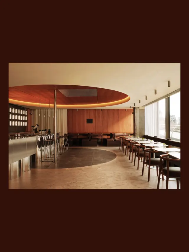 Circular wood ceiling restaurant interior, minimal, luxury, warm