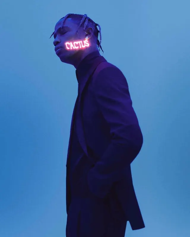 Profile portrait with CACTUS neon across face, photographic, editorial, dark
