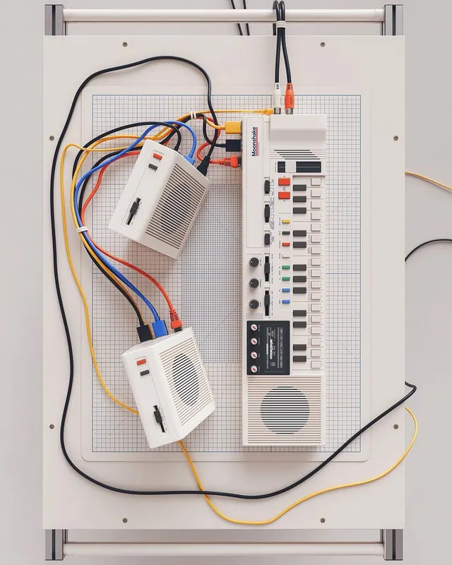 Moonshake retro synth flat lay with color cables, minimal, retro, light