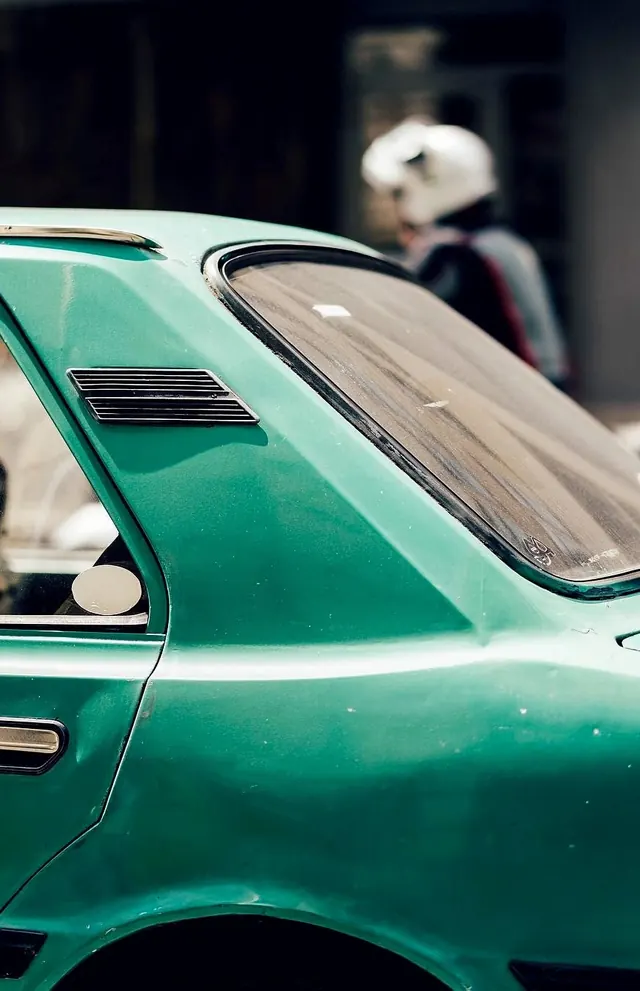 Teal vintage car C-pillar detail, photographic, retro, cool