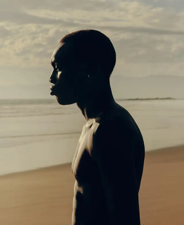 Golden-hour beach profile silhouette, photographic, minimal, warm