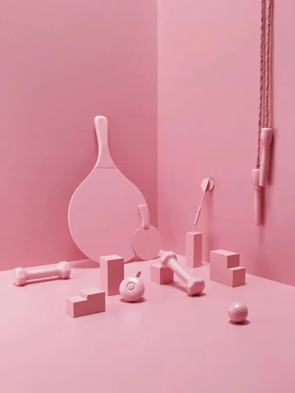 Monochrome pink sports still life corner, minimal, photographic, pastel
