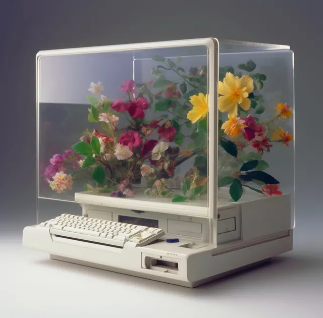 Vintage computer terrarium with flowers, photographic, retro, light