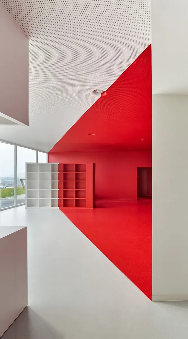 Red and White Architectural Interior, minimal, geometric, high-contrast