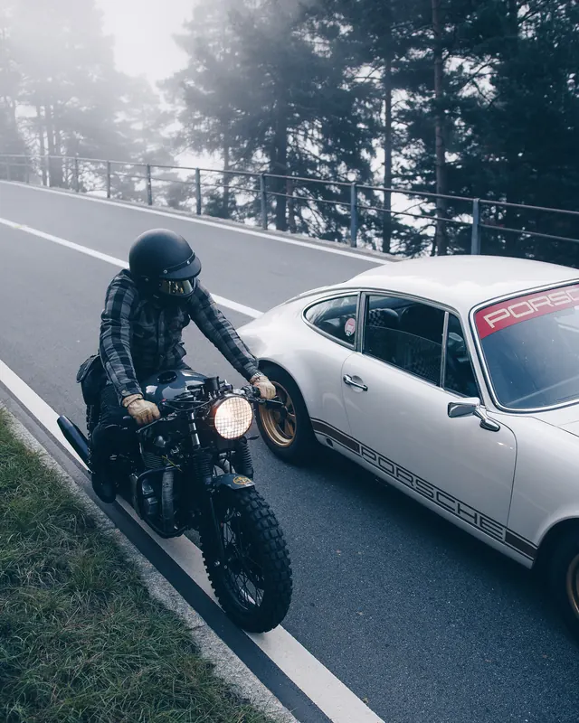 Motorcycle and Car on Forest Road