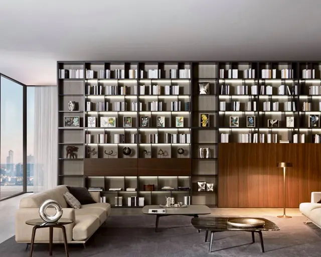 Modern illuminated bookshelf living room, minimal, luxury, light