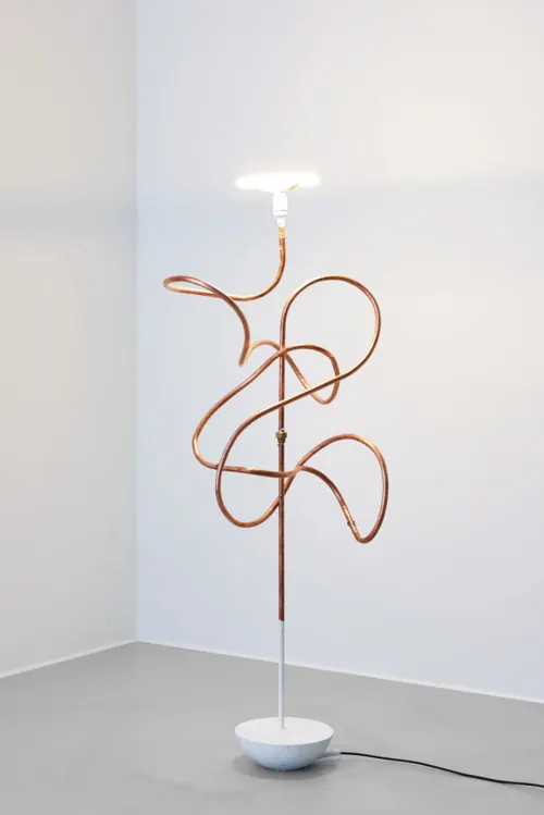 Sculptural copper tube floor lamp, minimal, light
