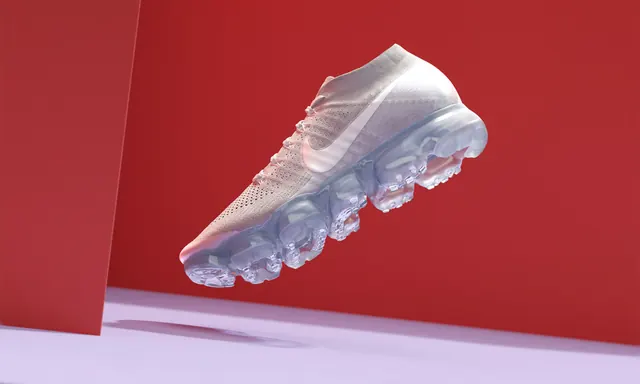 Floating White Sneaker on Red Background