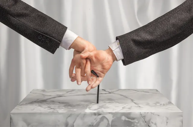 Handshake over Marble Pedestal