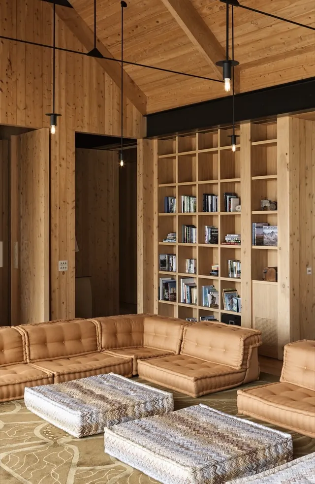 Scrubby Bay wood-paneled living room, photographic, warm