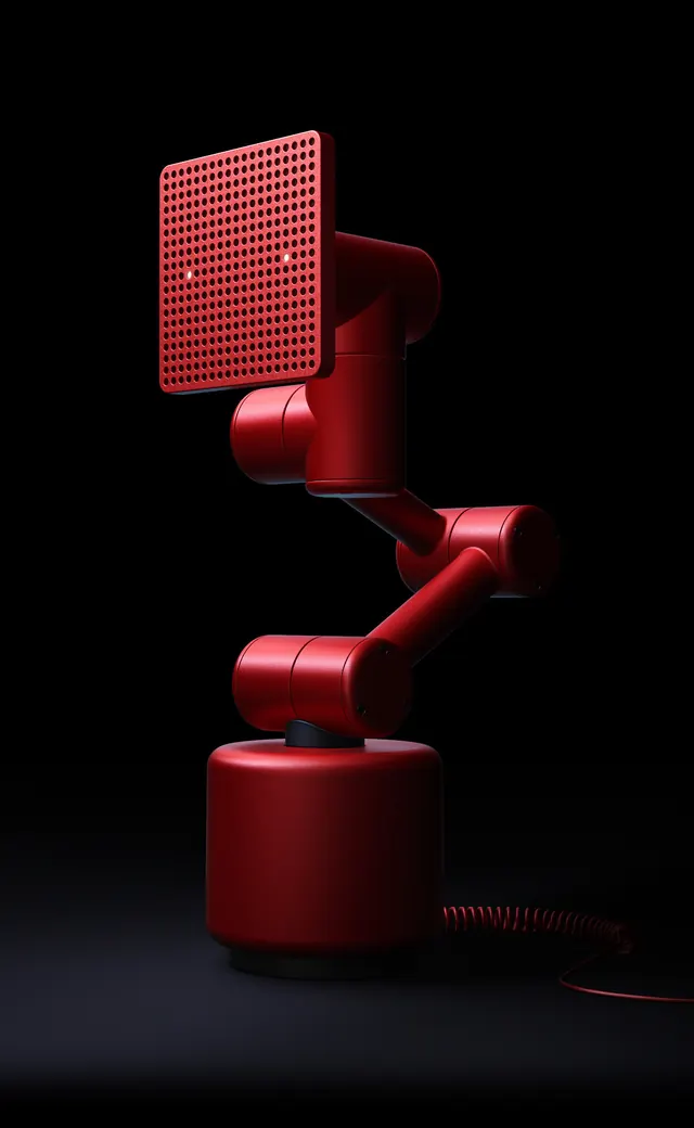 Red robotic smart speaker product shot, minimal, photographic, dark