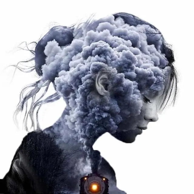 Surreal mind-cloud double exposure portrait, surreal, photographic, cool