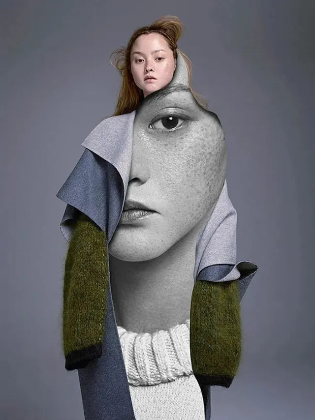 Surreal double exposure portrait with geometric head, photographic, surreal, cool