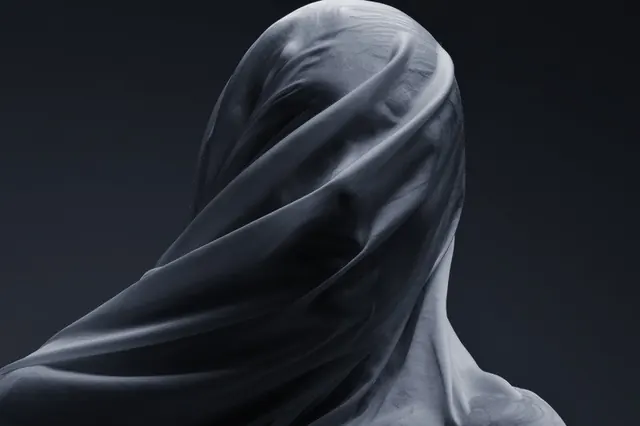 Sculptural form with flowing drapery in studio lighting, photographic, minimal, dark