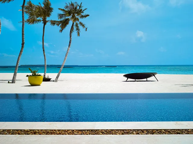 Minimalist resort poolside composition, photographic, minimal, light