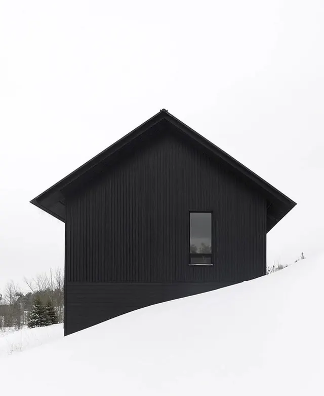 Minimalist black architecture in snow, photographic, minimal, dark