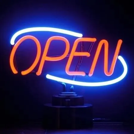 Neon OPEN sign with orange and blue glow, photographic, neon, neon
