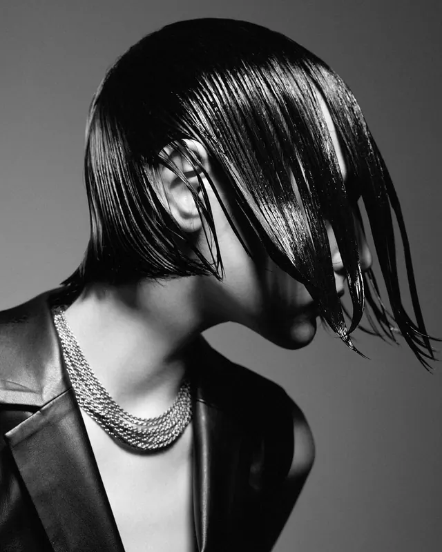 Monochrome editorial portrait with geometric hair, editorial, photographic, monochrome