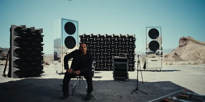 Desert sound equipment setup, photographic, technical, cool