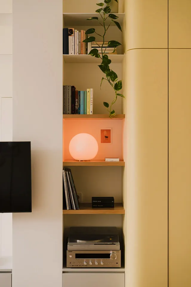 Eclectic shelving unit with warm tones, organic, minimalist, warm